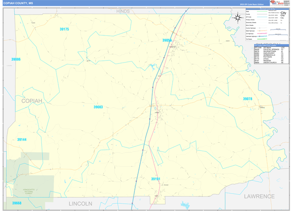 Copiah County, MS Zip Code Wall Map
