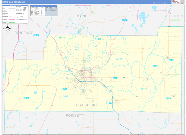Craighead County, AR Zip Code Wall Map