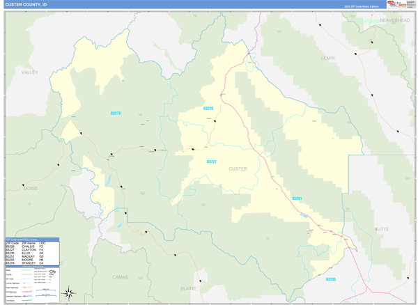 Custer County, ID Zip Code Wall Map