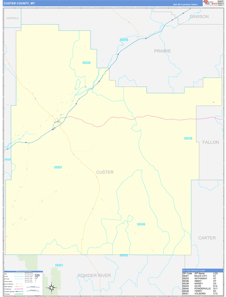 Custer County, MT Zip Code Wall Map