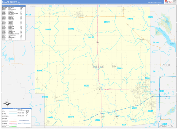 Dallas County, IA Zip Code Wall Map Basic Style by MarketMAPS