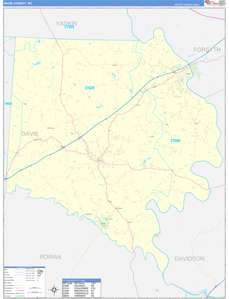 Davie County, NC Zip Code Wall Map