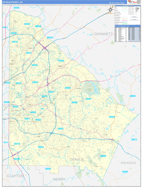 DeKalb County, GA Zip Code Wall Map Basic Style by MarketMAPS - MapSales