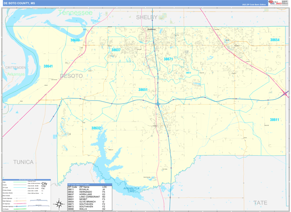 DeSoto County, MS Zip Code Wall Map