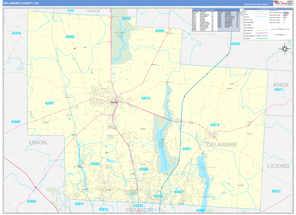 Delaware County, OH Zip Code Wall Map