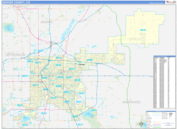 Denver County, CO Zip Code Wall Map