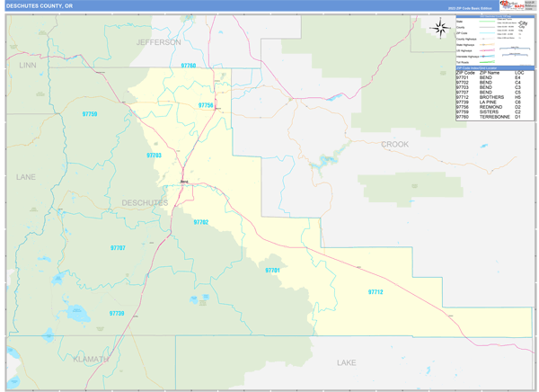 Deschutes County Wall Map Basic Style