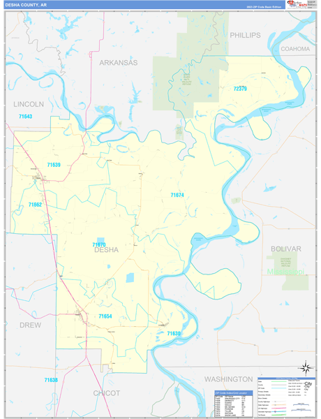 Desha County, AR Zip Code Wall Map