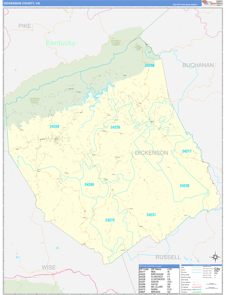 Dickenson County, VA Zip Code Wall Map