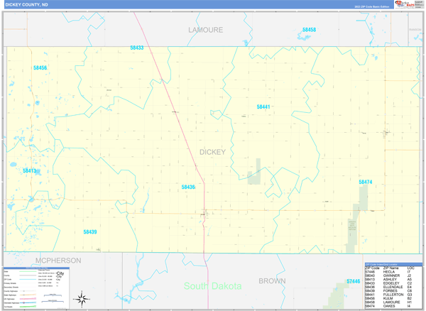 Dickey County, ND Zip Code Wall Map