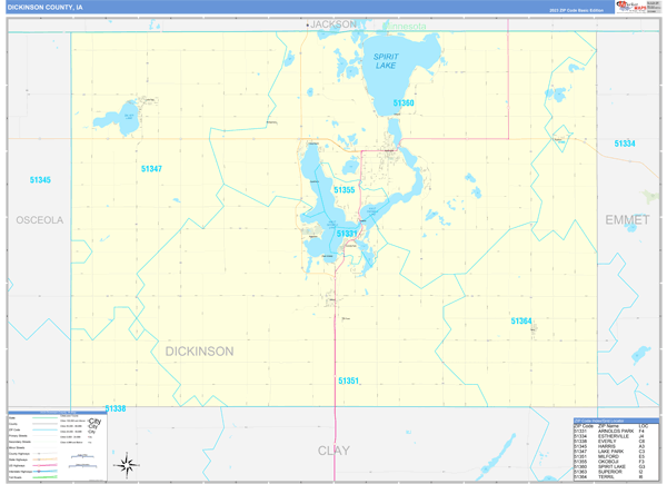 Dickinson County, IA Zip Code Wall Map