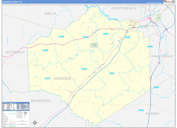 Dinwiddie County, VA Zip Code Wall Map