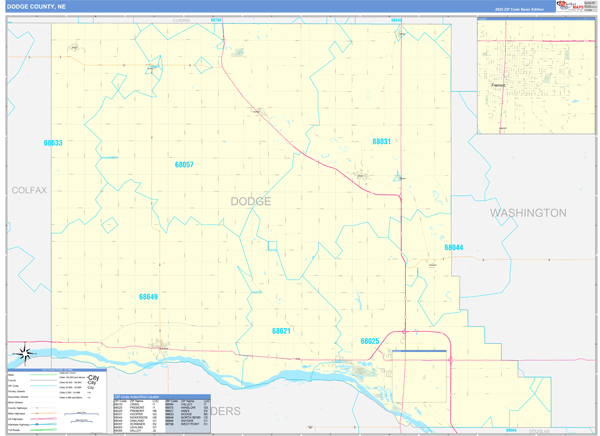 Dodge County NE Zip Code Wall Map Basic Style by MarketMAPS MapSales