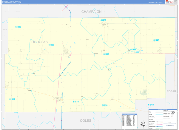 Douglas County, IL Zip Code Wall Map
