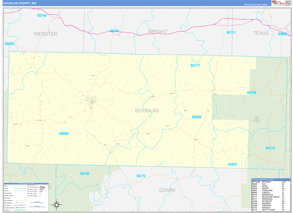 Douglas County, MO Wall Map Basic Style