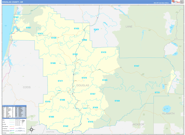 Douglas County, OR Zip Code Wall Map