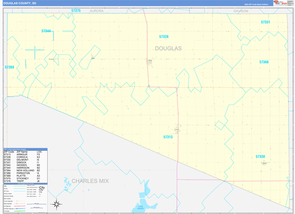 Douglas County, SD Zip Code Wall Map