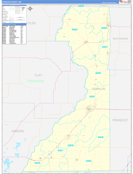 Dunklin County, MO Carrier Route Wall Map