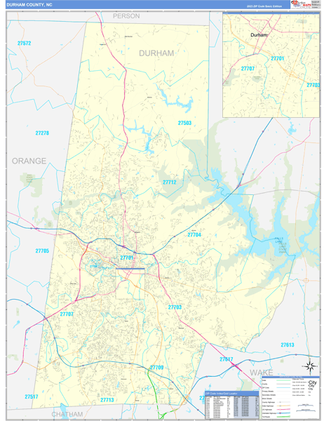 Durham County, NC Wall Map Basic Style