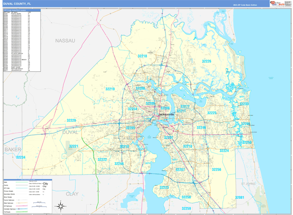 Duval Zip Code Map Duval County, FL Zip Code Wall Map Basic Style by MarketMAPS