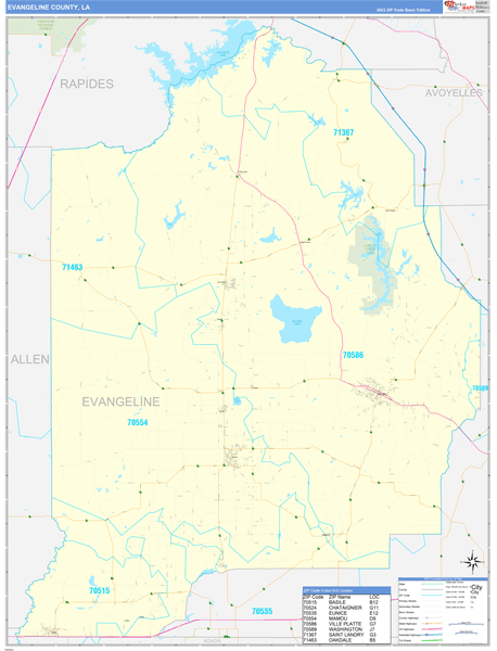 Evangeline Parish (County), LA Zip Code Wall Map
