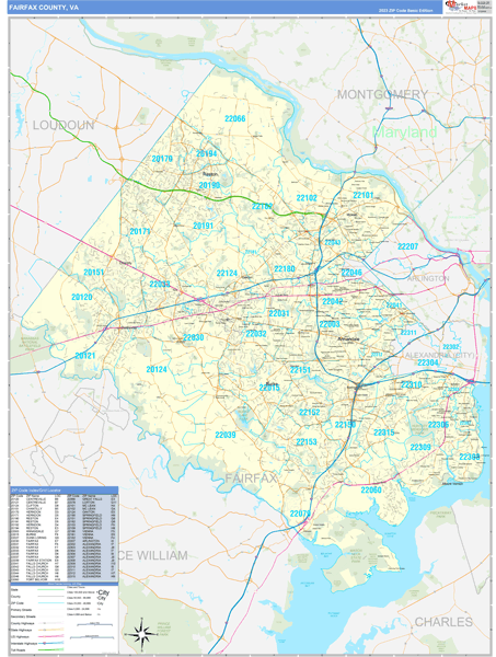 Fairfax County, VA Zip Code Wall Map