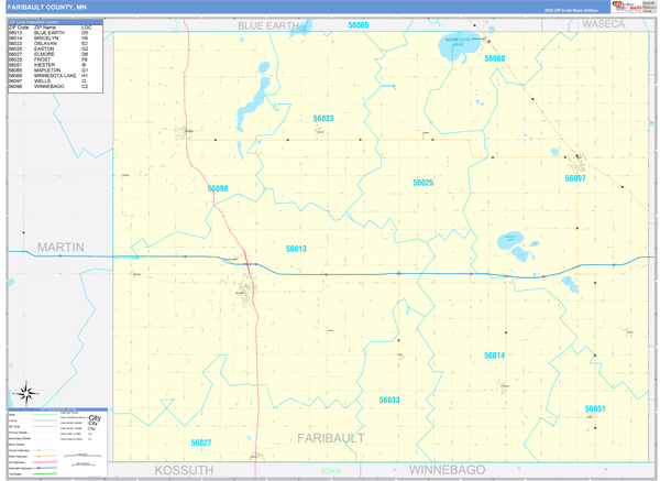 Faribault County, MN Zip Code Wall Map