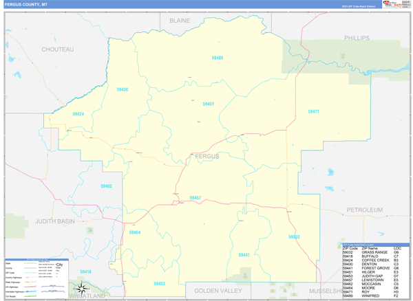 Fergus County, MT Zip Code Map