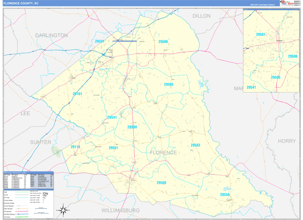Florence County, SC Zip Code Wall Map
