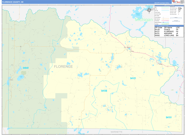 Florence County, WI Wall Map Basic Style