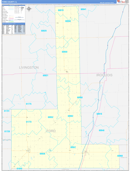 Ford County, IL Zip Code Wall Map