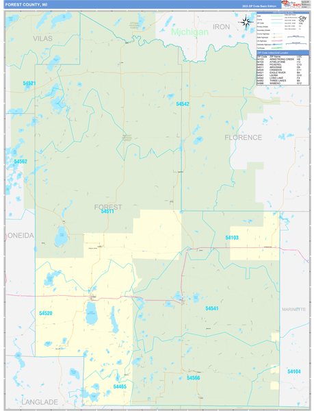 Forest County, WI Zip Code Wall Map