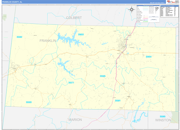 Franklin County, AL Zip Code Wall Map