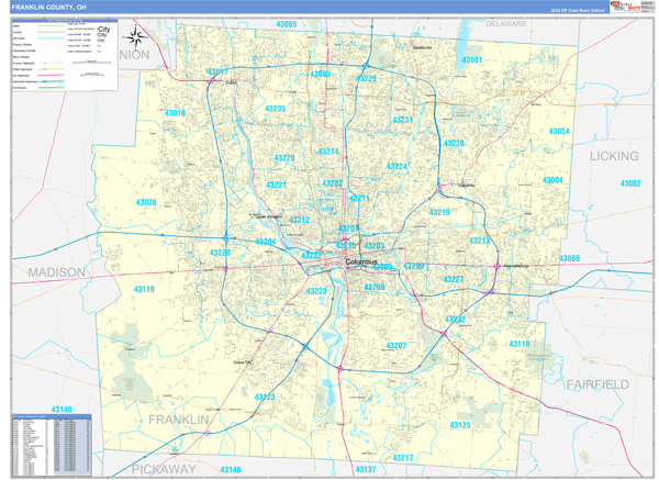 Franklin County, OH Zip Code Wall Map