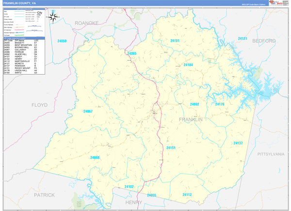 Franklin County, VA Zip Code Wall Map Basic Style by MarketMAPS - MapSales