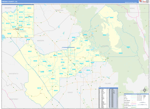 Fresno County Ca Zip Code Wall Map Basic Style By Marketmaps