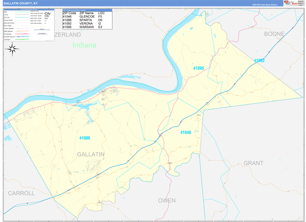 Gallatin County, KY Zip Code Wall Map