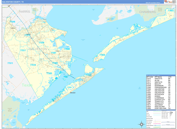 Galveston County, TX Zip Code Wall Map