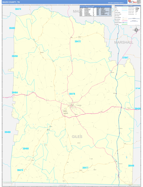 Giles County, TN Zip Code Wall Map