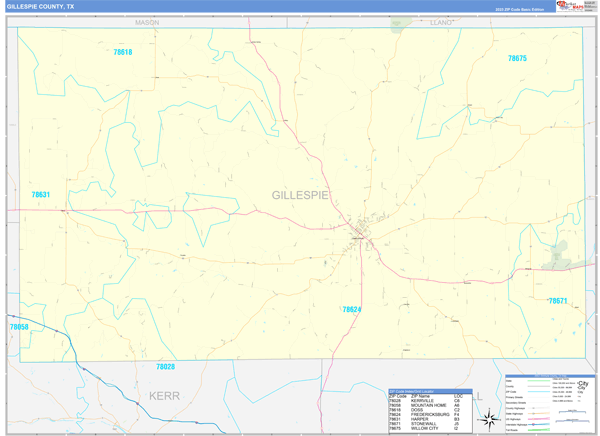 Gillespie County, TX Zip Code Map