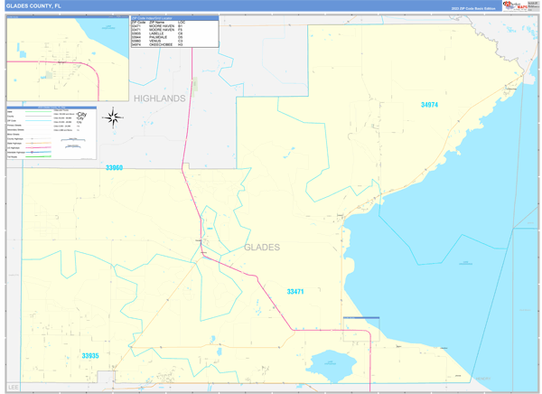 Glades County, FL Wall Map Basic Style