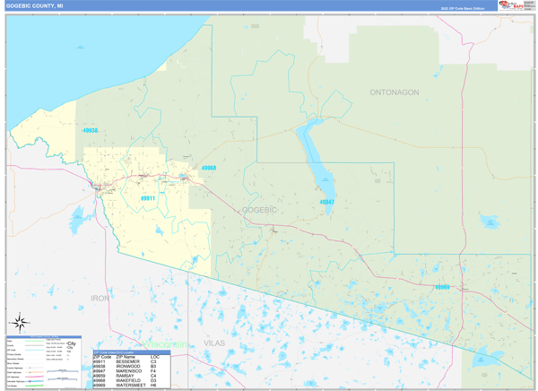 Gogebic County, MI Zip Code Wall Map