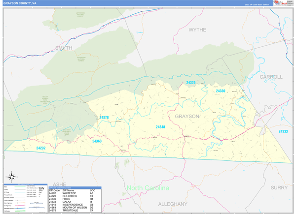 Grayson County, VA Zip Code Wall Map