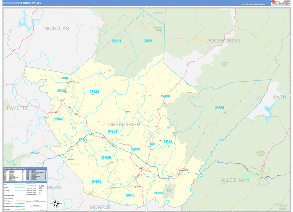 Greenbrier County, WV Zip Code Wall Map