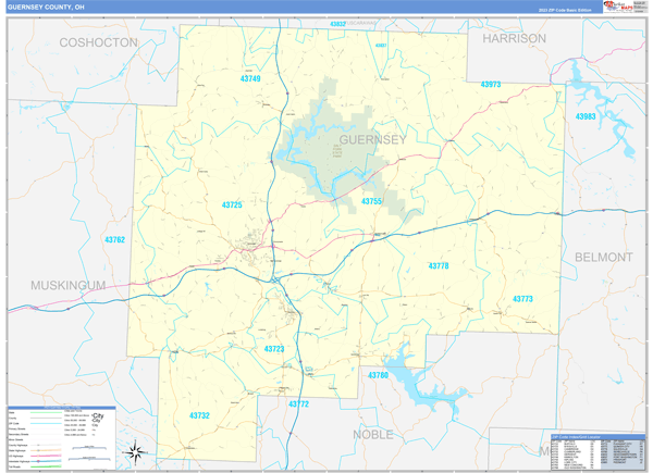 Guernsey County, OH Zip Code Wall Map