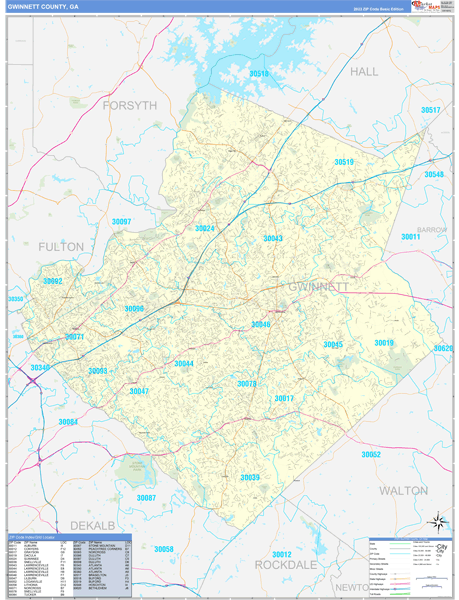Gwinnett County GA Zip Code Wall Map Basic Style By MarketMAPS MapSales