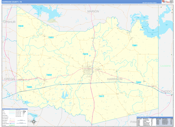 Harrison County, TX Zip Code Wall Map