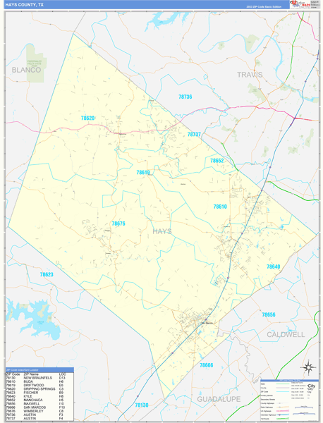 Hays County, TX Carrier Route Wall Map