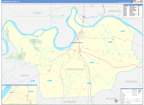 Henderson County, KY Zip Code Wall Map
