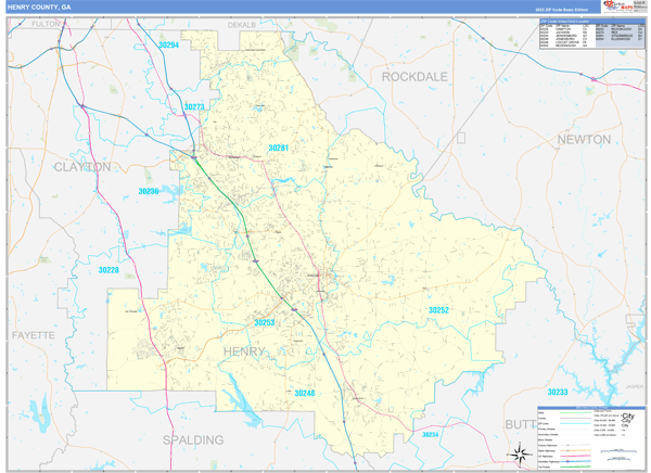 Henry County, GA Zip Code Wall Map Basic Style by MarketMAPS - MapSales